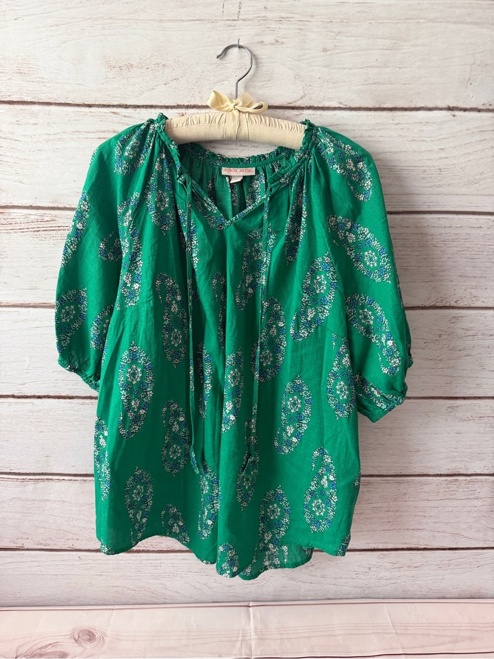 Knox Rose Green Floral Tie-Neck Peasant Blouse